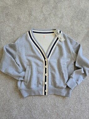 Mono B Light Gray V-Neck Button Cardigan with Striped Trim NWT